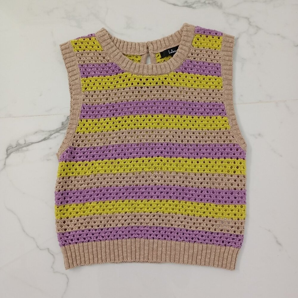 Lulus Striped Crochet Knit Sleeveless Sweater Top Size L Womens